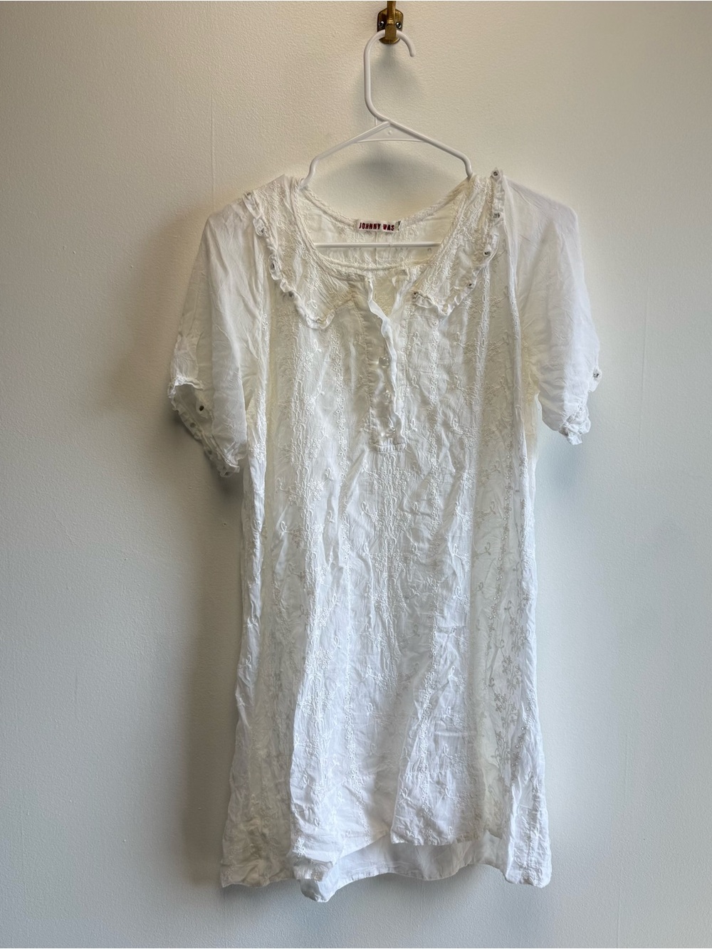 Johnny Was White Floral Eyelet Embroidered Peter Pan Collar Mini Dress Medium